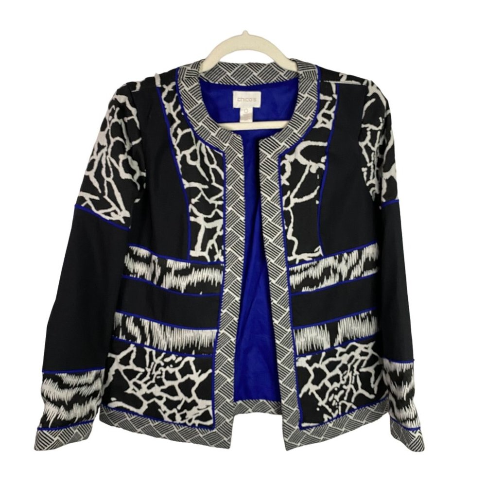 Chico's Sz 0/M Womens Black Jacquard Art-to-Wear Blazer‎ Jacket Blocked Artisan